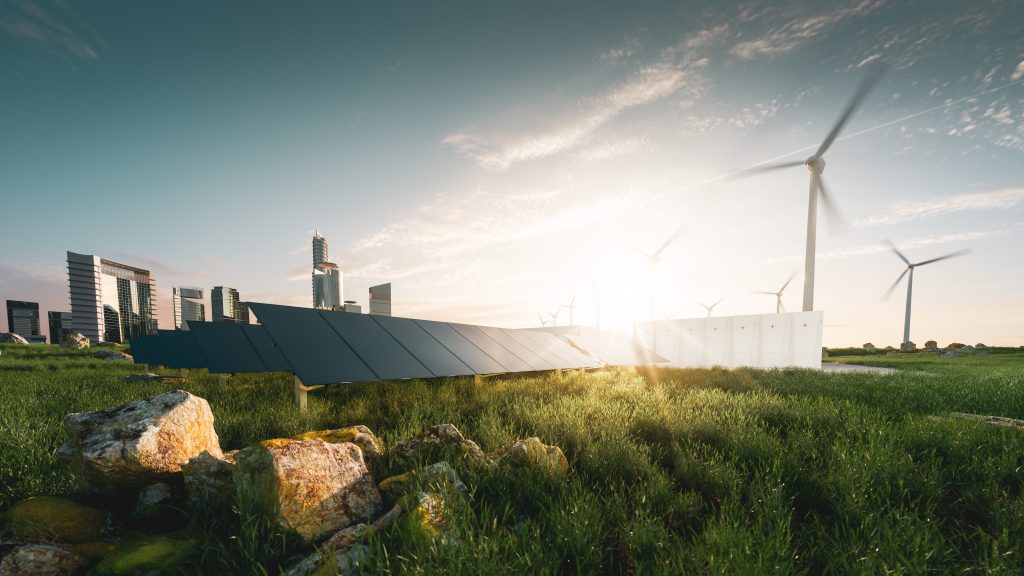 Photo illustration of wind turbines and solar array